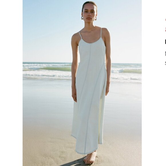 Zara TRF SEAMED DENIM MIDI Dress Saguetti STRAPS Sz L SKY BLUE NWT - Picture 1 of 9